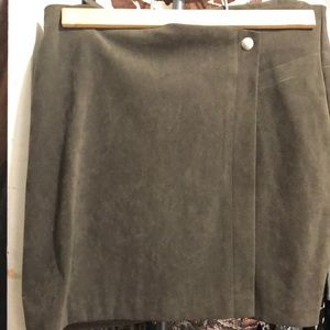 Olive green faux sued Mimi skirt made in USA button on one side